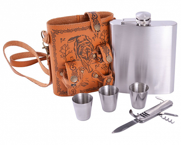 Фляга походная 18Oz в кож. чехле + 2 скл. стопки+нож