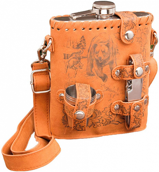 Фляга походная 18Oz в кож. чехле + 2 скл. стопки+нож